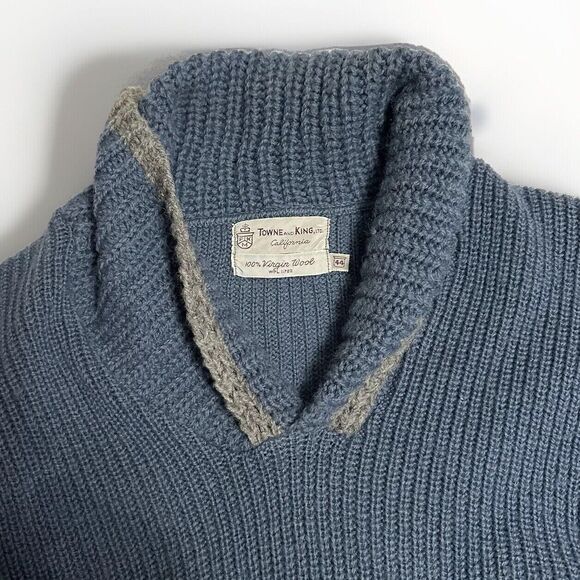 Vintage Wool Sweater Towne and King California Mens L V Neck Shawl Collar Blue - Picture 12 of 15